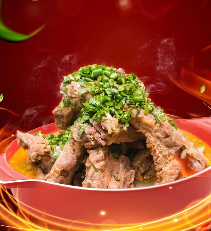 Ảnh quảng cáo bát thịt bò hầm phủ hành lá trên nền đỏ Ảnh quảng cáo bát thịt bò hầm phủ hành lá trên nền đỏ