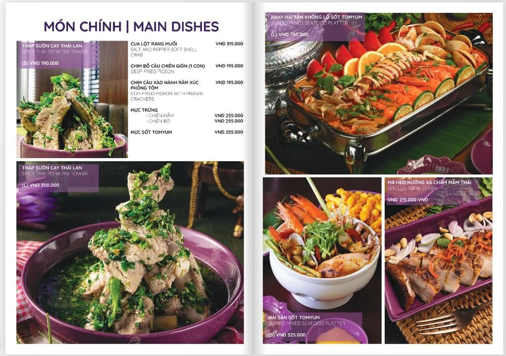 Trang menu món chính nhà hàng Thái in ảnh món thực tế và giá Trang menu món chính nhà hàng Thái in ảnh món thực tế và giá